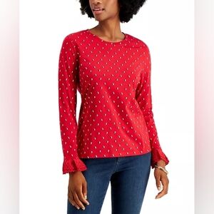 Charter Club Women’s Red Heart Print Long Sleeve Top – Size XL
